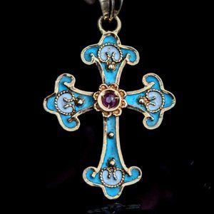 Vintage Ruby Blue Enamel 18k Yellow Gold Cross Pendant on Chain Majestic